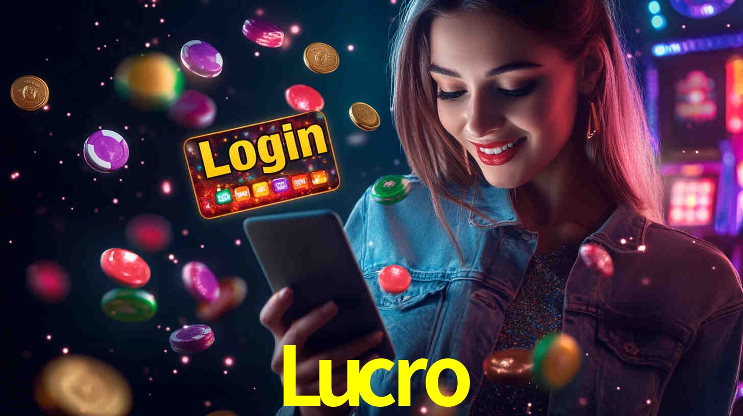 Una escena digital vívida inspirada en casino con Lucro mostrado prominentemente, luces brillantes, fichas, cartas y acentos dorados.